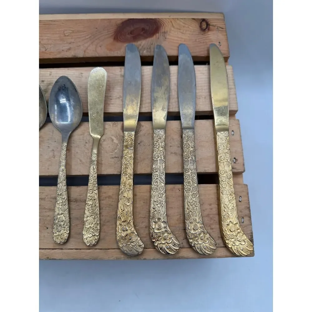 Vintage Lifetime Cutlery Gold-Tone Floral Stainless Flatware – 9 Piece Set